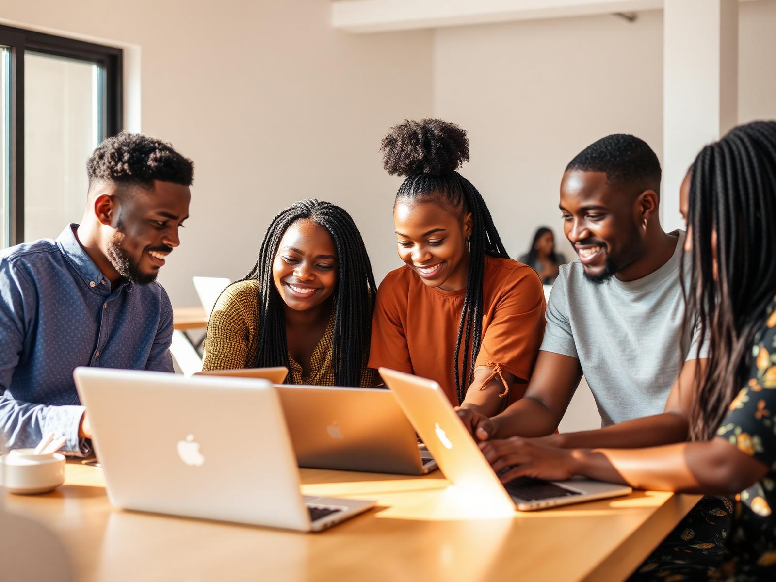 Créateurs collaborant autour d'ordinateurs portables lors d'un hackathon